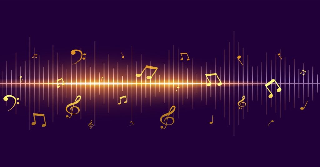 Music notes on a dark background, illustrating how to choose the right music for corporate videos.