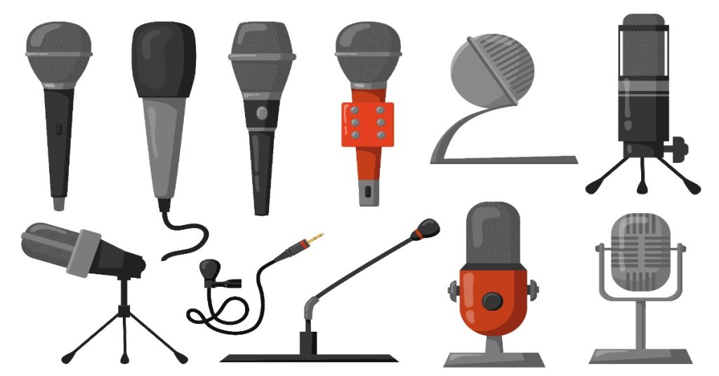A collection of microphones displayed as essential equipment for video production, showcasing various types and designs.