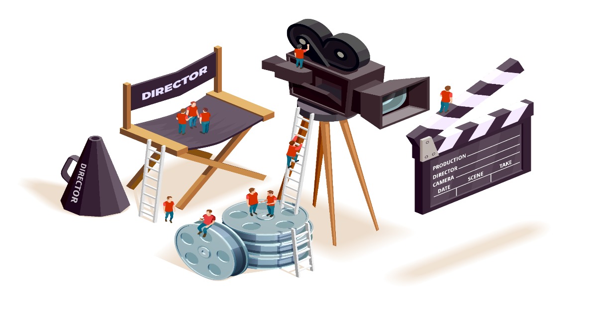 Isometric illustration of a video production crew with video production equipment, highlighting career in video production.