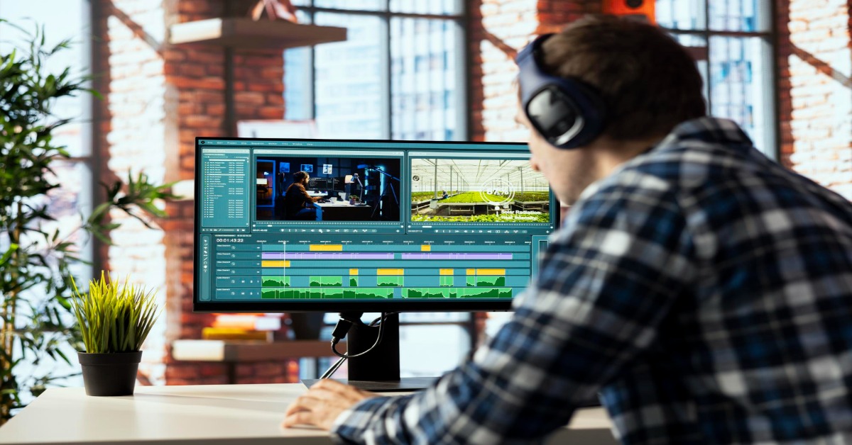 A man on a computer screen, exploring VFX techniques for engaging corporate videos.