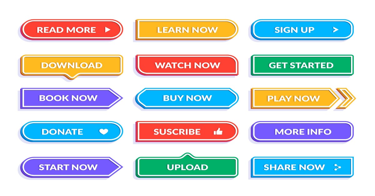 Image showcasing effective CTAs for videos through a collection of bright buttons with diverse texts.