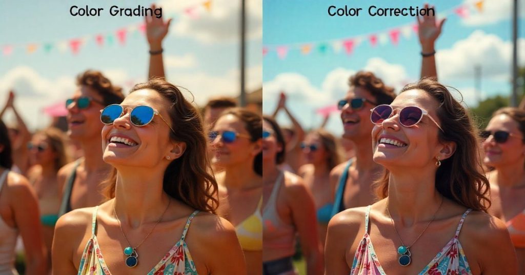 Image highlighting difference between color grading and color correction.