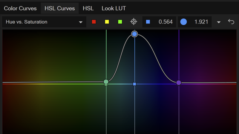 Color curve in the color picker illustrating hue vs saturation for color grading techniques.