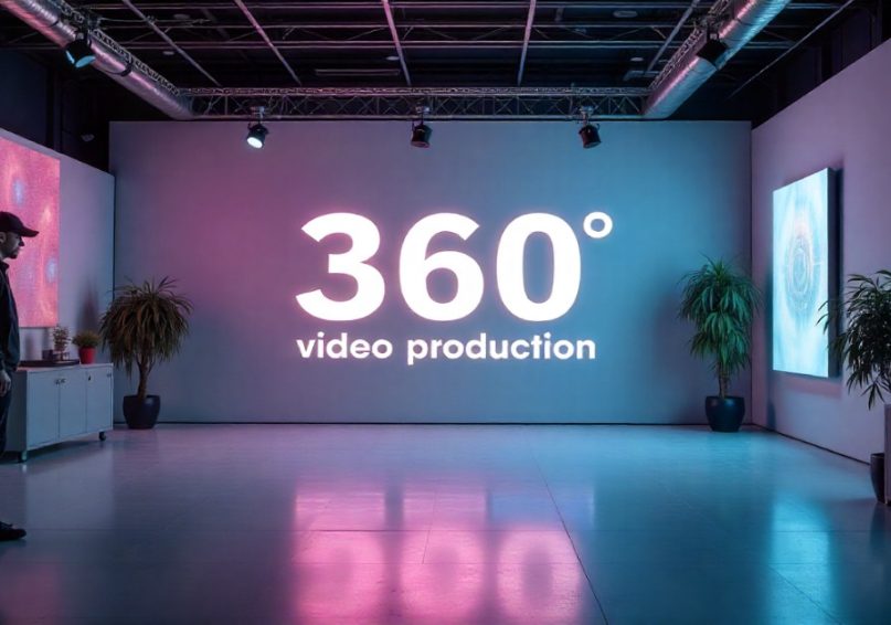 Common Mistakes to Avoid in 360-Degree Video Production A man stands before a large display promoting 360-degree video production techniques and common mistakes to avoid.