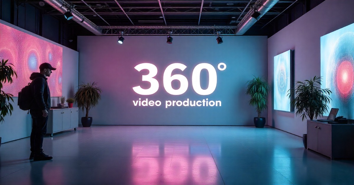 A man stands before a large display promoting 360-degree video production techniques and common mistakes to avoid.