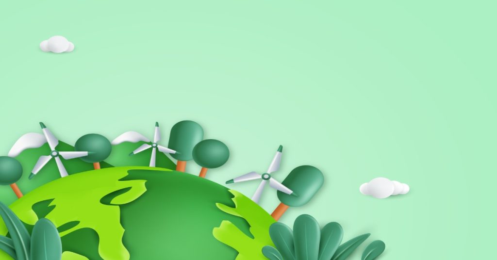 Green earth with windmills and trees on a light background, illustrating eco-friendly production trends for 2025.