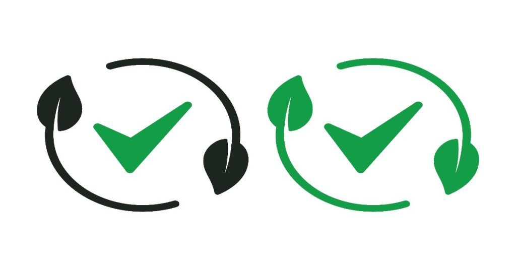 Two green and black arrows direct attention to a check mark, representing sustainable video production in green certified filming locations.
