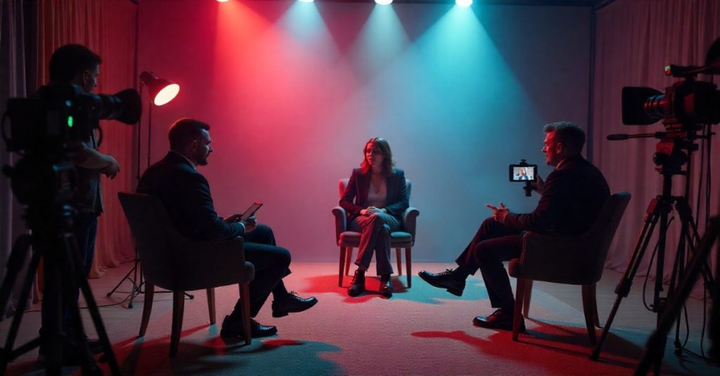 Three individuals seated in a room illuminated by red and blue lights, a setup showcasing multi-camera editing setup. 