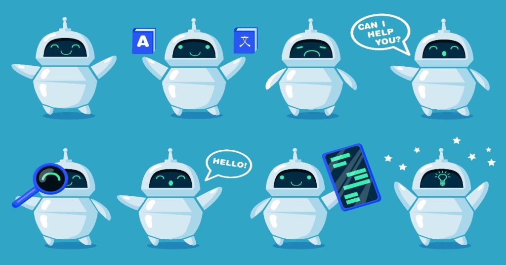 A set of cute robot characters with various expressions, representing use of AI in multi-language videos. 