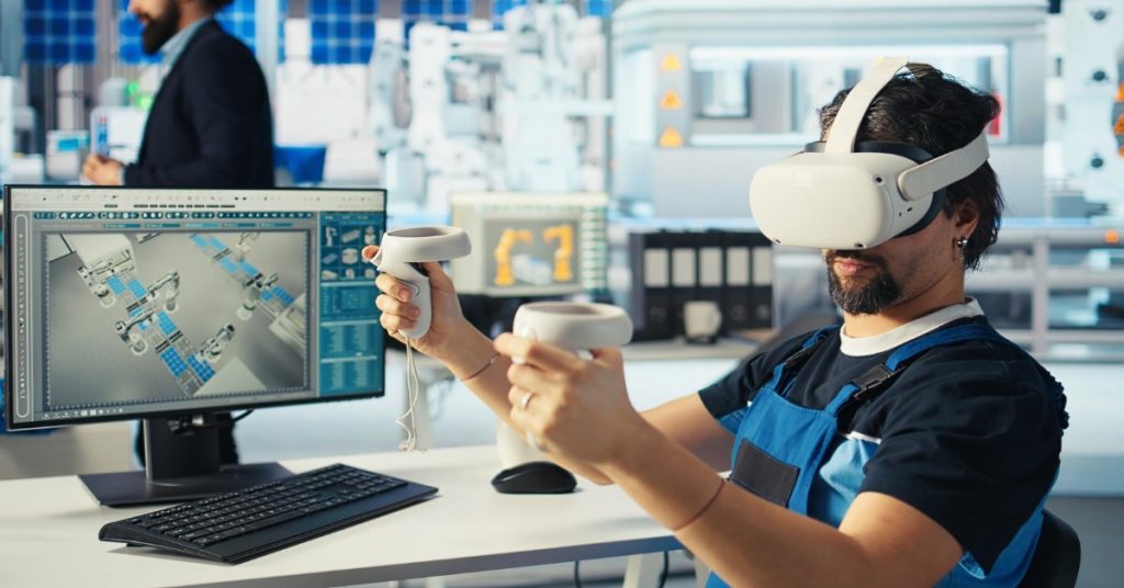 A man with virtual reality goggles, highlighting the interactive experience of virtual reality.