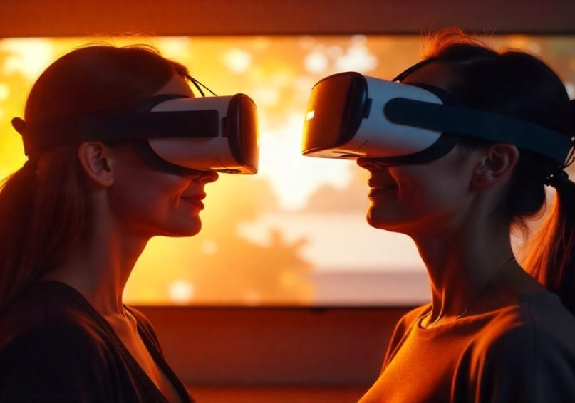 Virtual Reality (VR) Used in Corporate Video Production Two women wearing virtual reality headsets engage in an immersive experience related to virtual reality.