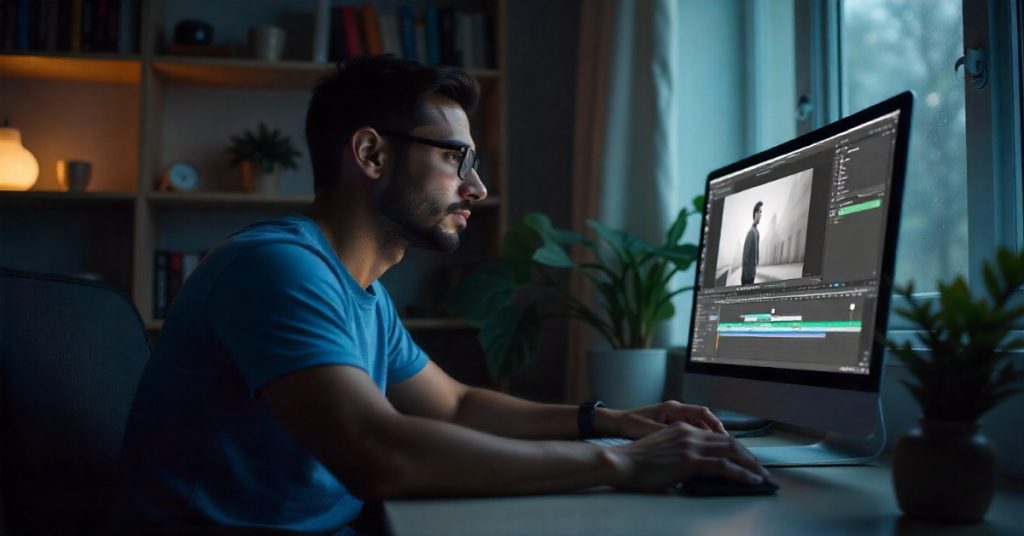 A man at a computer screen, concentrating on remote video production work.