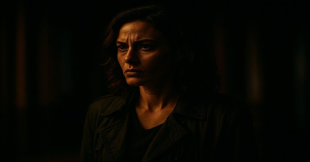 A woman in a black jacket stands in the dark, showcasing cinematic color grading style for dramatic effect.