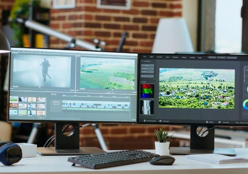 color grading styles A desk featuring two monitors and a keyboard, illustrating color grading techniques for video visuals.