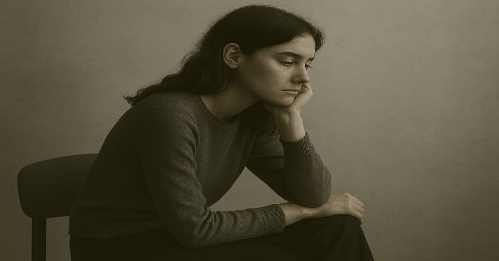 A woman sitting on a chair with her hand on her chin, featuring a desaturated color grading style.