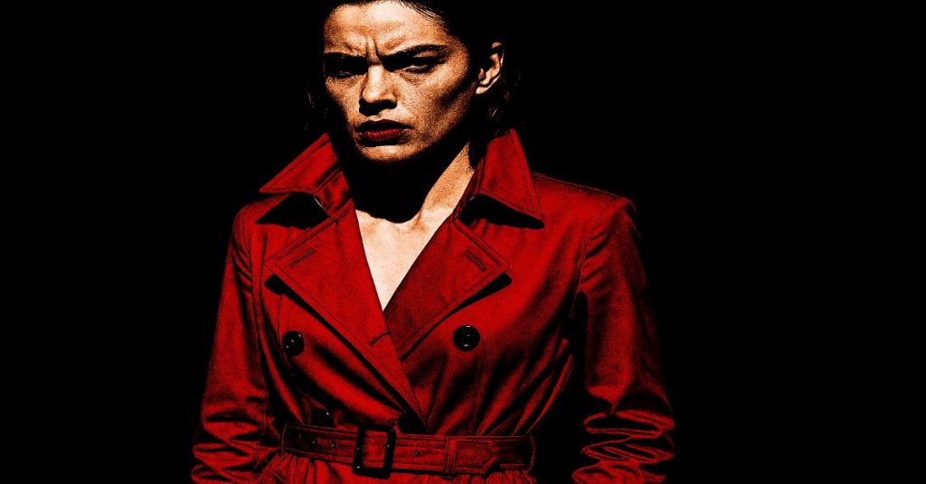 A woman wearing a red trench coat, depicting high contrast color grading style, highlighting bold colors and details.
