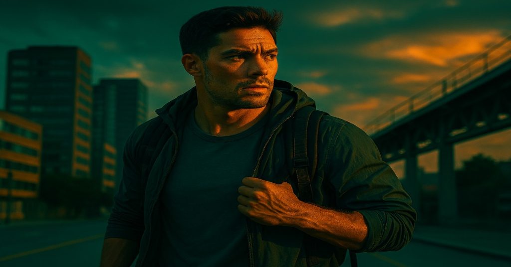 A man in a hoodie stands in an empty street, enhanced with teal and orange color grading style for cinematic effect.