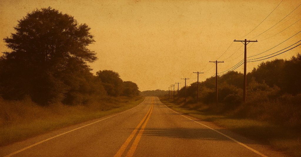 A vintage color graded country road lined with telephone poles and trees, creating a nostalgic rural atmosphere.