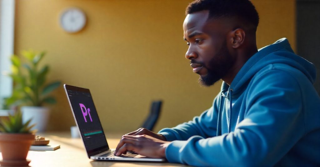 A man in a hoodie works on his laptop, using Adobe Premiere Pro for video editing.