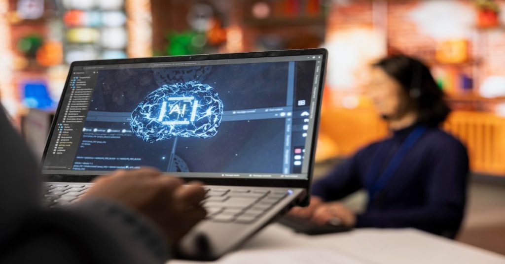 A person using a laptop displaying VFX software, exploring how AI is revolutionizing visual effects.