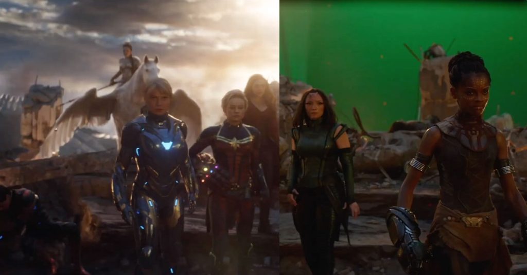 Avengers Endgame scene featuring Avengers on a green screen, showcasing VFX techniques in action.