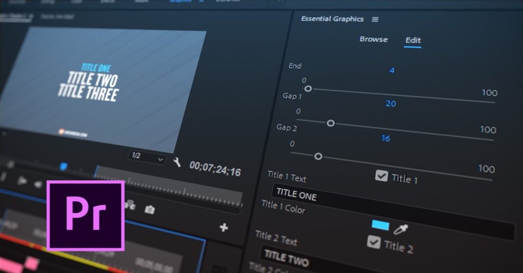 Adobe Premiere Pro video editor interface showcasing the Essential Graphics Panel for video editing.