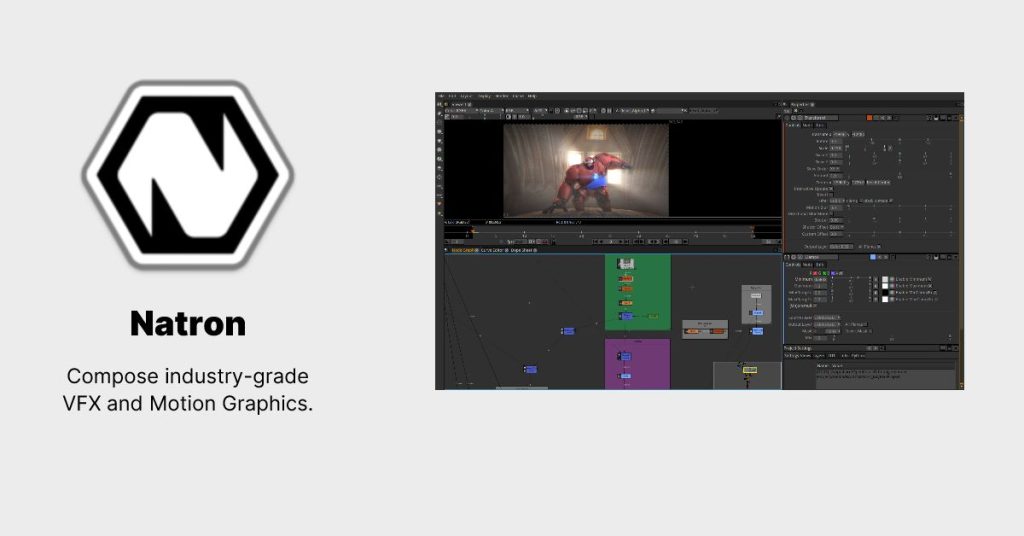 Natron logo displayed with its user interface, representing VFX software.