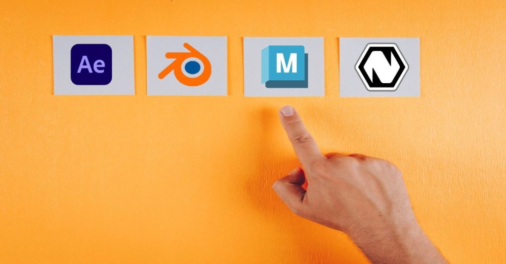 A person pointing towards four VFX software logos on a yellow wall, emphasizing important aspects of choosing VFX software.