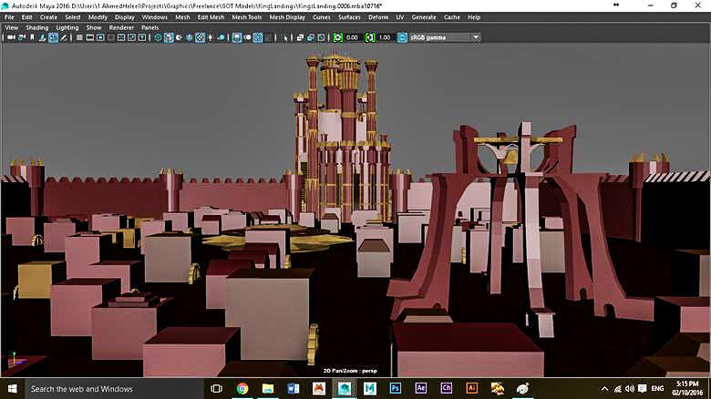 VFX computer screenshot of a cityscape featuring a prominent tower in the background, showcasing 3D modeling and animation.