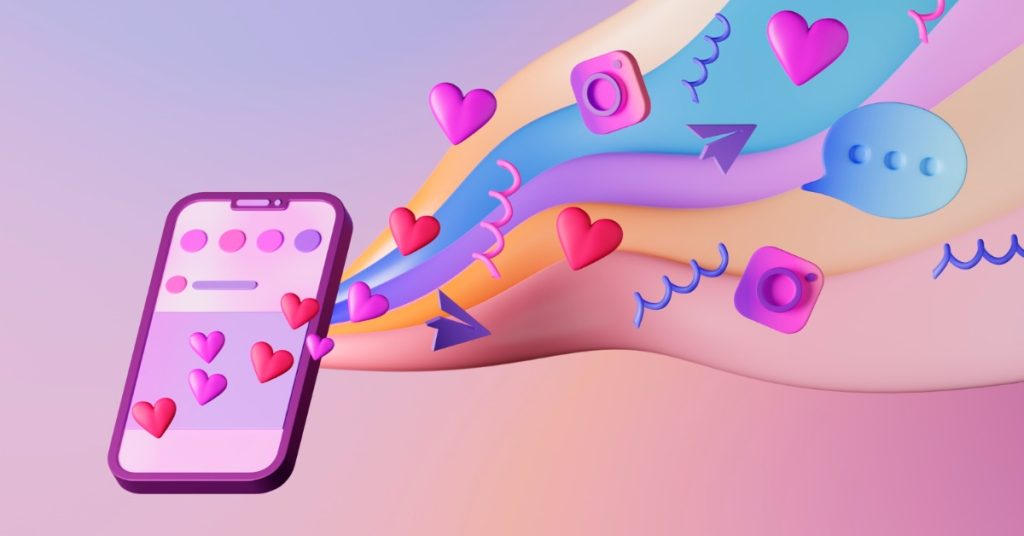 Illustration of a phone with hearts emerging, symbolizing high engagement on reels.