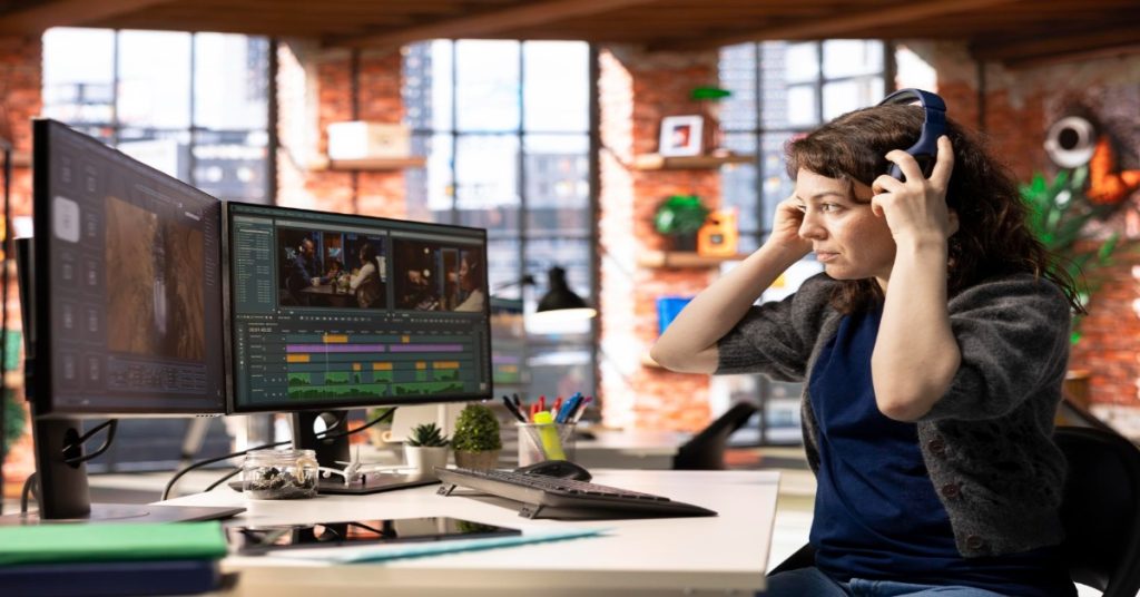 A woman at a desk with headphones on, concentrating on her video editing project.