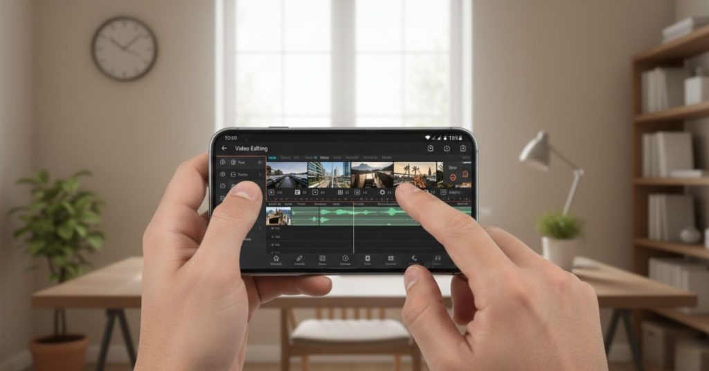 A person holding a phone, using a mobile video editing app. 