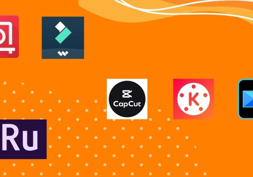 Various mobile video editing apps and icons displayed on an orange background, showcasing tools for content creators.