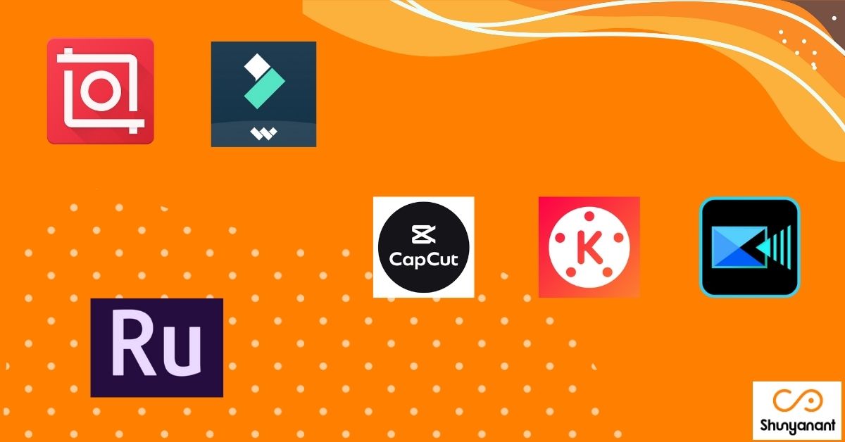 Various mobile video editing apps and icons displayed on an orange background, showcasing tools for content creators.