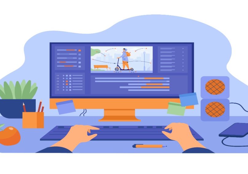 A person engaged in video editing, working on a computer with a mouse and keyboard.