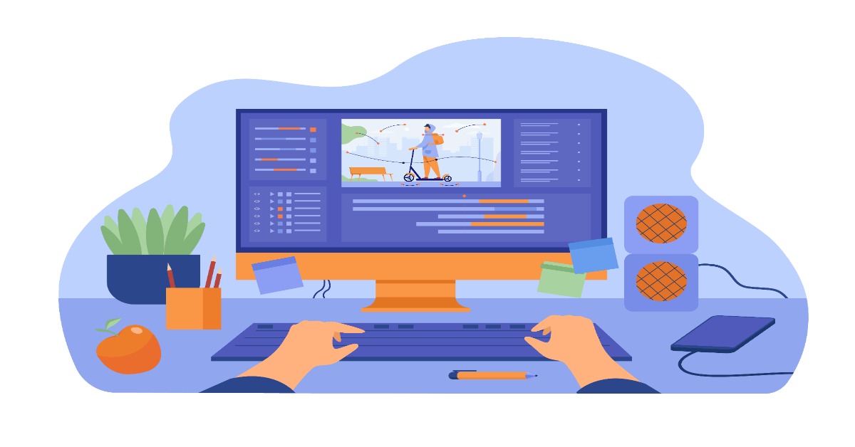 A person engaged in video editing, working on a computer with a mouse and keyboard.