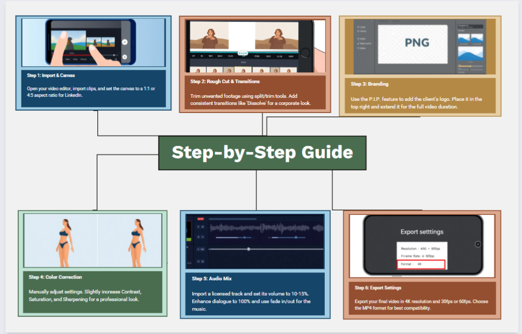 Step-by-step guide for video editing with InShot, focusing on creating a short corporate video.